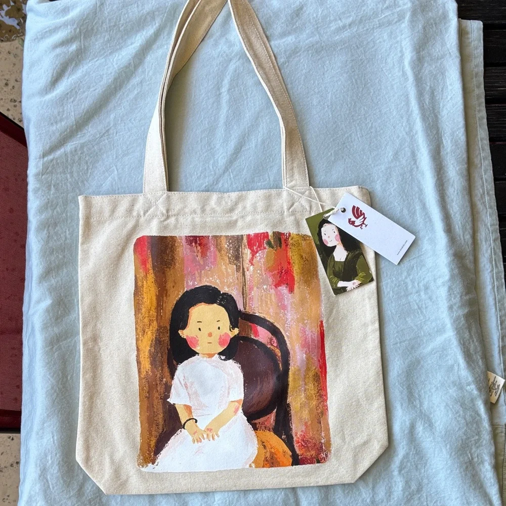 Canvas Tote Bag with Painted Girl Illustration - Cream - Picture 1 of 7